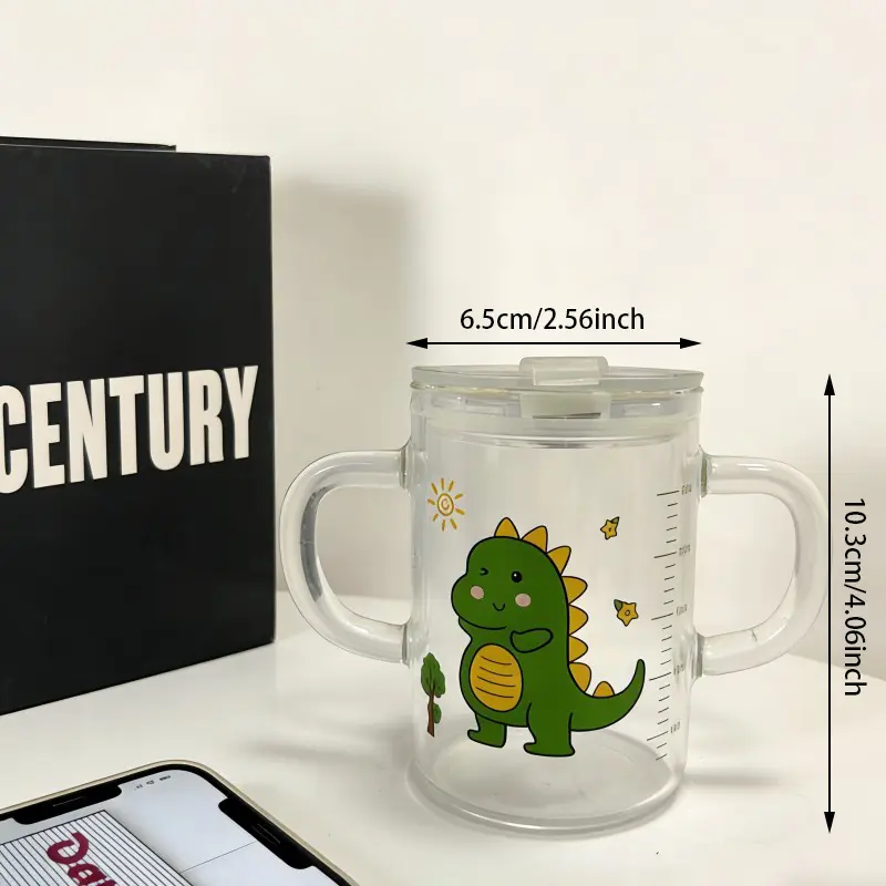 Trinkbecher aus Glas für Kinder mit zwei Henkeln und Dinosaurier-Aufdruck