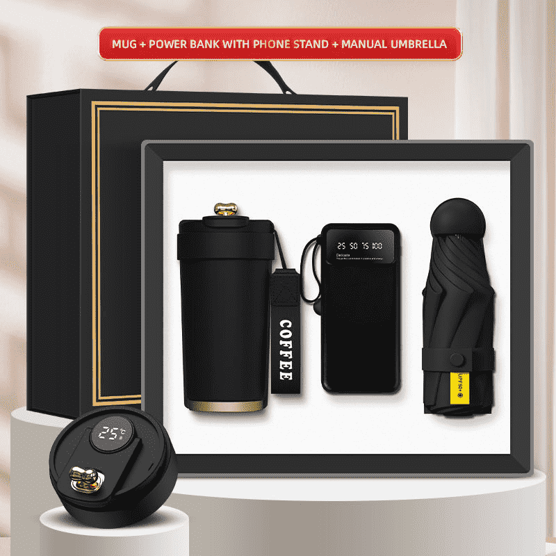 3-in-1-Geschenkbox mit individuellem Logo, Tasse, Powerbank, Mini-Regenschirm