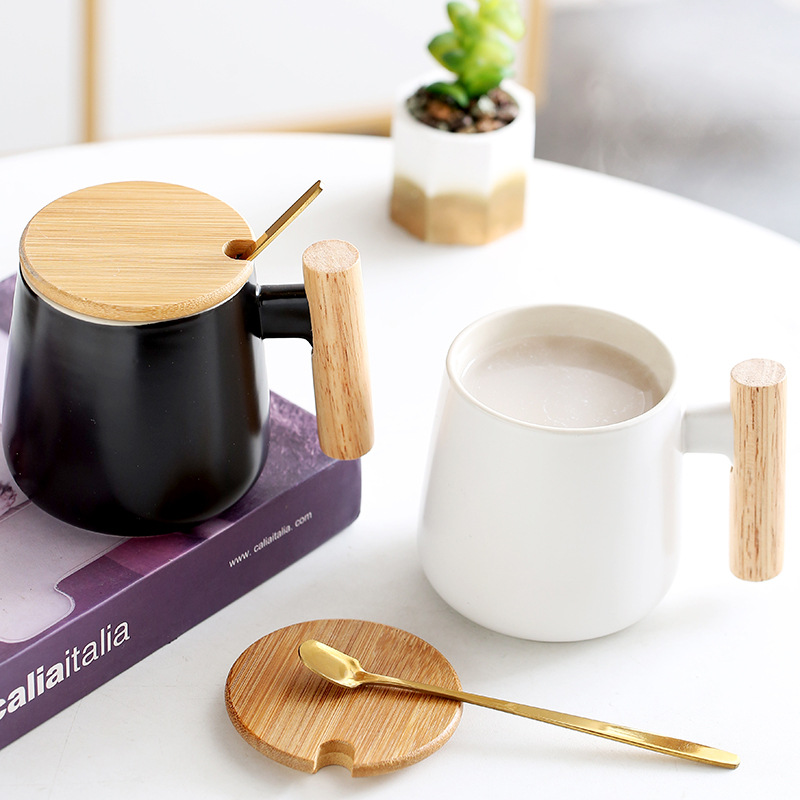 Matte Keramiktasse mit Holzgriff, Deckel, Löffel, Zuhause, Geschenk