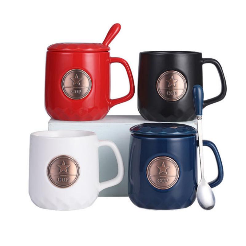 Star Metal Badge 400 ml Keramik-Kaffeetasse mit Deckel und Löffel