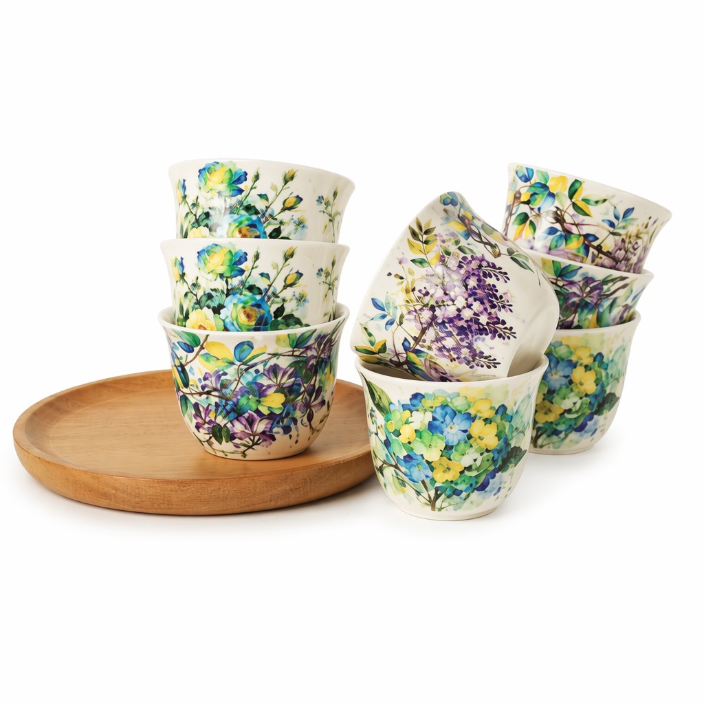 Aquarell-Blumen-Teetasse aus Keramik, 8-teiliges Geschenkset zum Servieren von Tee